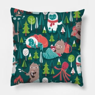 Besties // pattern // green background white Yeti brown Bigfoot aqua yellow green and teal pine trees red and coral details Pillow