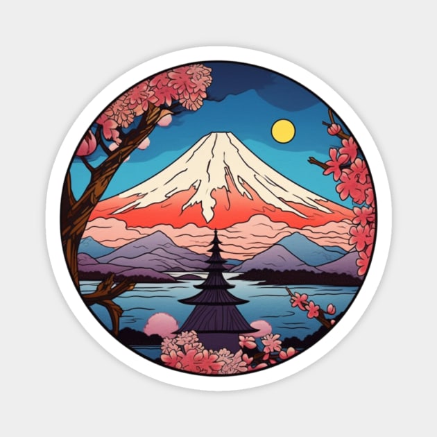 Japanese temple in front of Mount Fuji Magnet by Samurai Rouge