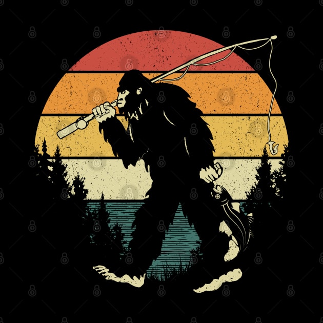 Bigfoot Fishing Retro Sunset by Tesszero