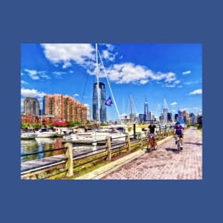 Jersey City NJ - Bicycling Along Liberty Landing Marina T-Shirt