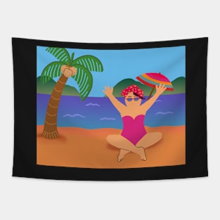 Happy woman in tropical beach paradise on holiday vacation in summer. Tapestry