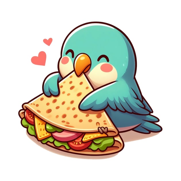 cute love birds are eating Mexican specialties, Tacos, Burritos, Enchiladas, Quesadillas, Guacamole, Fajitas, Chiles Rellenos, Tamales, Mole, Chilaquiles, by art poo