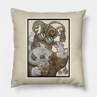 Steampunk Cat -Tea Party with Bat -White Outline Pillow