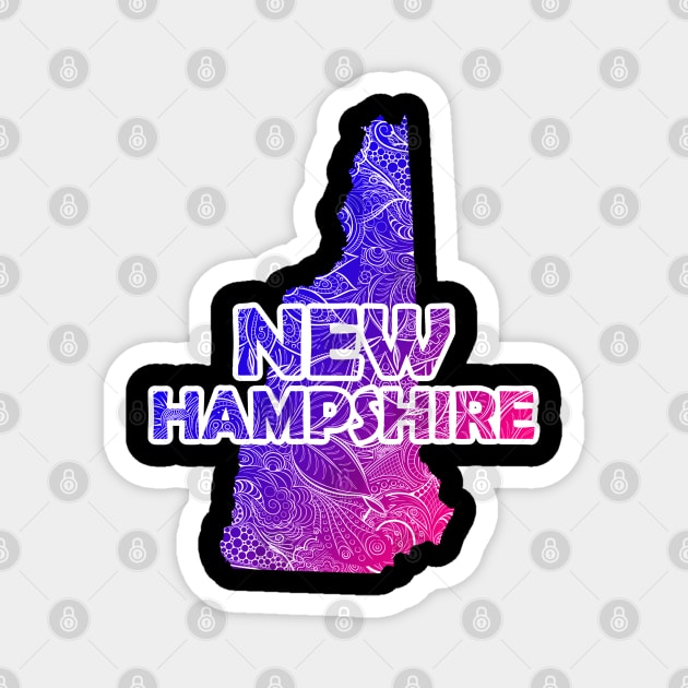 Colorful mandala art map of New Hampshire with text in blue and violet Magnet by Happy Citizen