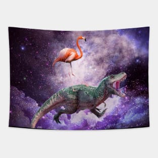 Galaxy Flamingo Riding Dinosaur In Space - Rainbow Tapestry