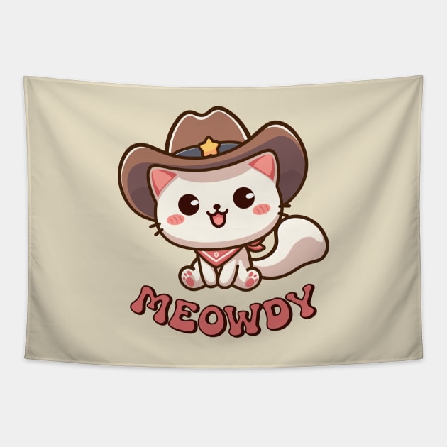 Meowdy Kawaii Cat Wearing a Cowboy Hat Tapestry by Cuteness Klub