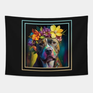 Sweet American Staffordshire Pit Bull Vibrant Flower Digital Oil Painting Portrait Tapestry