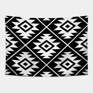 Aztec Symbol Big Pattern White on Black Tapestry