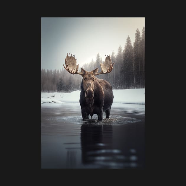 Serene Lake Reflection Nordic Winter Moose Minimalist Art Print Scandinavian Decor by Abili-Tees