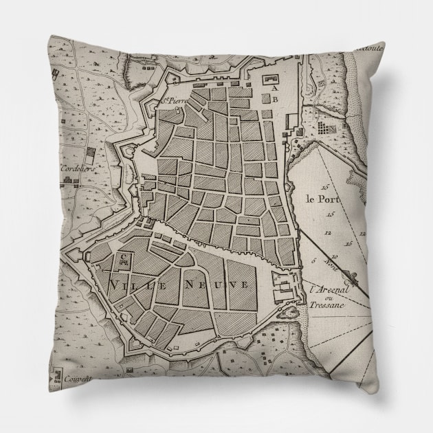 Vintage Map of Barcelona Spain (1764) Pillow by Bravuramedia