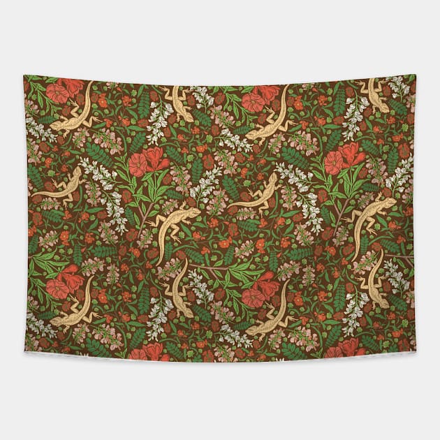 Beige lizard among pomegranate flowers and acacia false on brown background Tapestry by PinataFoundry