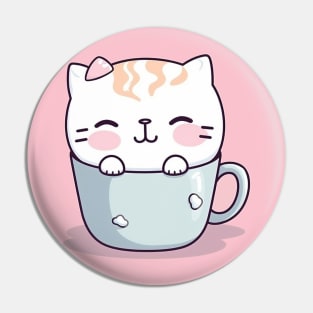 Cute Kawaii Kitty in a Blue Coffee Cup Pin