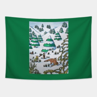 cute fox and rabbits christmas snow scene Tapestry