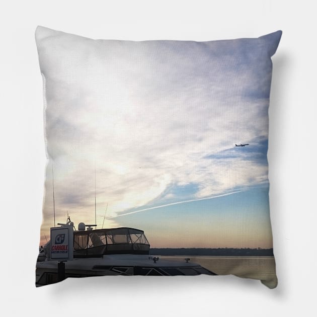 Sunset by the ocean city in USA photography design boat Pillow by BoogieCreates