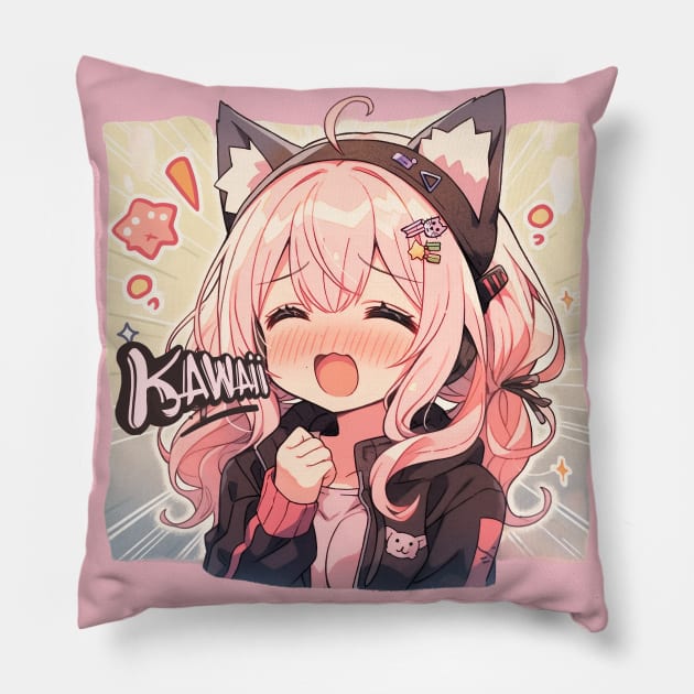 Kawaii pink hair anime girl Pillow by Fyllewy