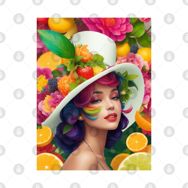 А woman with a white hat and some colorful fruity by CatCoconut-Art