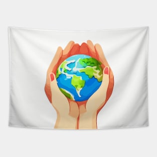 Illustration of hands holding Earth to celebrate Earth Day Tapestry