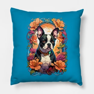 Cute French Bulldog puppy retro vintage floral design Pillow