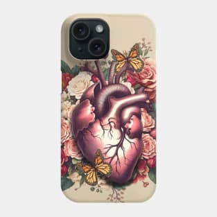 Anantomy Heart watercolor, floral human heart illustration art, flowers, roses, butterflies and floral anatomy art Phone Case