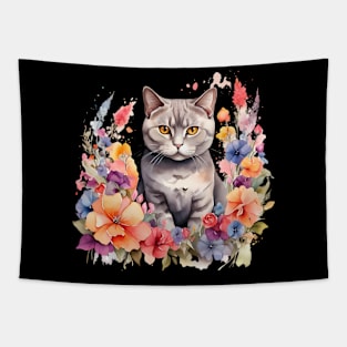 A british shorthair cat decorated with beautiful watercolor flowers Tapestry