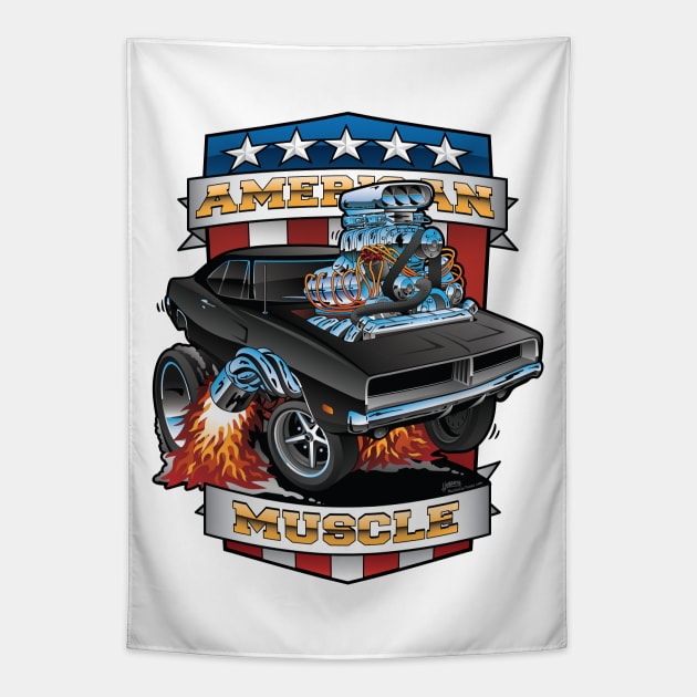 American Muscle Patriotic Classic Muscle Car Cartoon Illustration Tapestry by hobrath