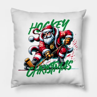 Santa Playing Hockey in Christmas Pillow