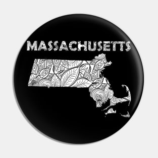 Mandala art map of Massachusetts with text in white Pin