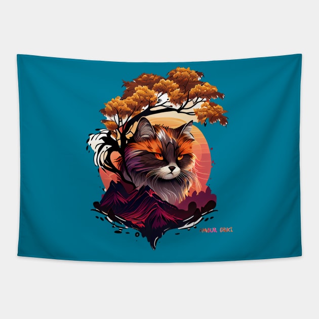 Anime Cat in Glowing Red Japanese Mountains Tapestry by Amour Grki