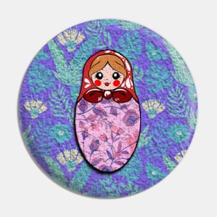 Russian doll with blue flowers pattern Pin