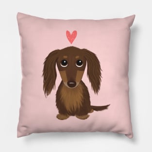 Longhaired Chocolate Dachshund | Cute Wiener Dog with Heart Pillow