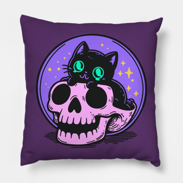 Black kitten sit in skull Pillow by AnnArtshock