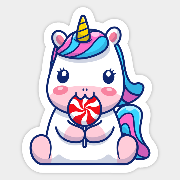 Cute Unicorn Eating Lollipop Cartoon - Unicorn - Sticker