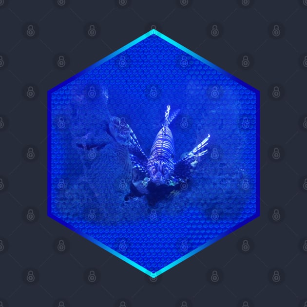 Lionfish on Blue Hexagonal Bubblewrap Pattern by MikeCottoArt