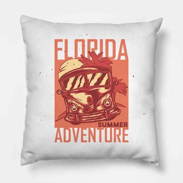 Florida Summer Adventure Surfing Bus Pillow by gurvindersohi3