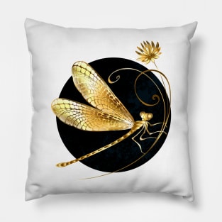 Golden dragonfly in black circle Pillow