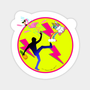 Kick The Coolest Unicorn & Rainbow with Pink Flamingo & Pink Lightning | 80s-90s style Neon colors Magnet