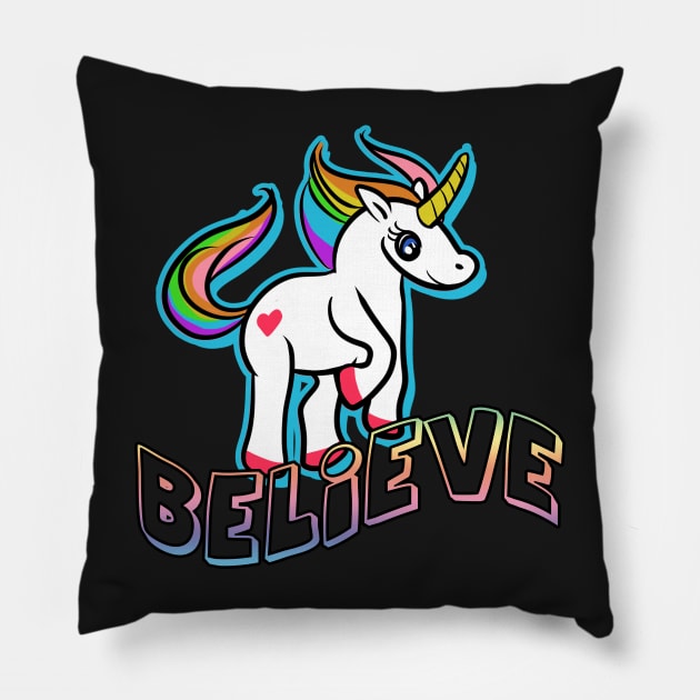 Retro Believe Kawaii Anime Unicorn Pillow by rookeryking