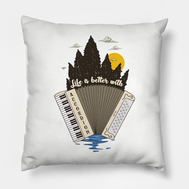 Vintage Accordion Player Instrument Landscape Art Pillow by USProudness