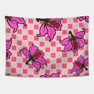 Hong Kong Bauhinia with Baby Pink Tile Floor Pattern - Summer Flower Pattern Tapestry