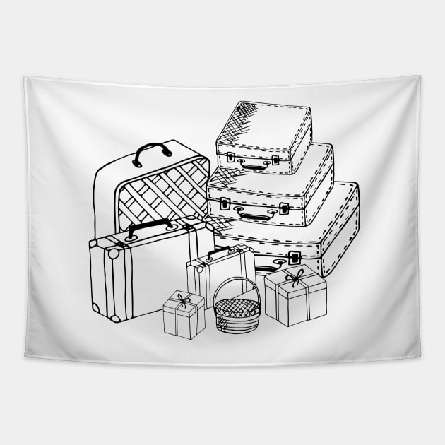 Black sketch of suitcases and bags.on white background Tapestry by IrinaGuArt