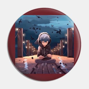 Anime Kid sit on a Bridge Pin