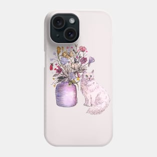 White Cat Sits Under Flowers Phone Case