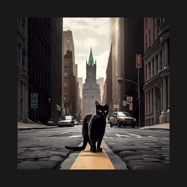 Digital art, Black Cat walking down a street in the city Sticker by MeatLuvers