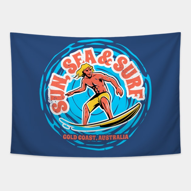 Vintage Sun, Sea & Surf Gold Coast, Australia // Retro Surfing // Catching Waves Surfer Tapestry by Now Boarding