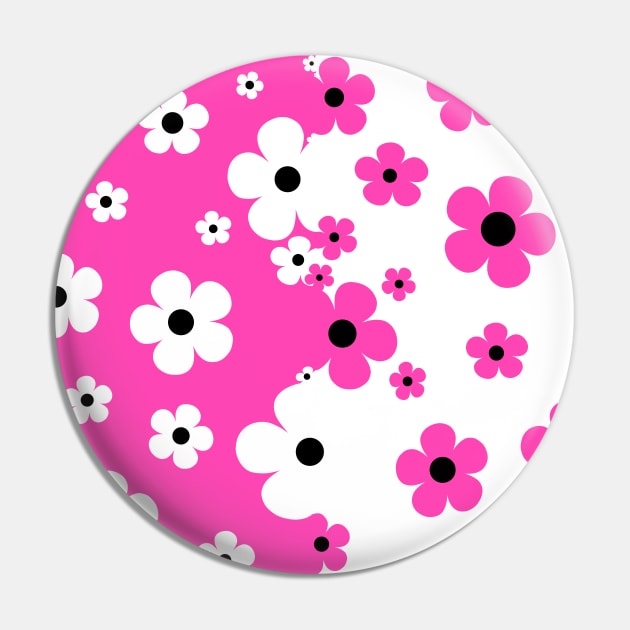 60's Retro Pop Small Flowers in Hot Pink and White, Black Pin by MellowCat