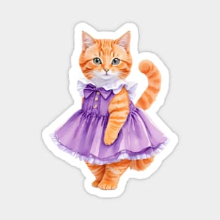 Watercolor orange cat wearing purple dress Magnet