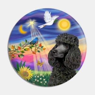 A Black Standard Poodle and the Bluebird of Happiness Pin