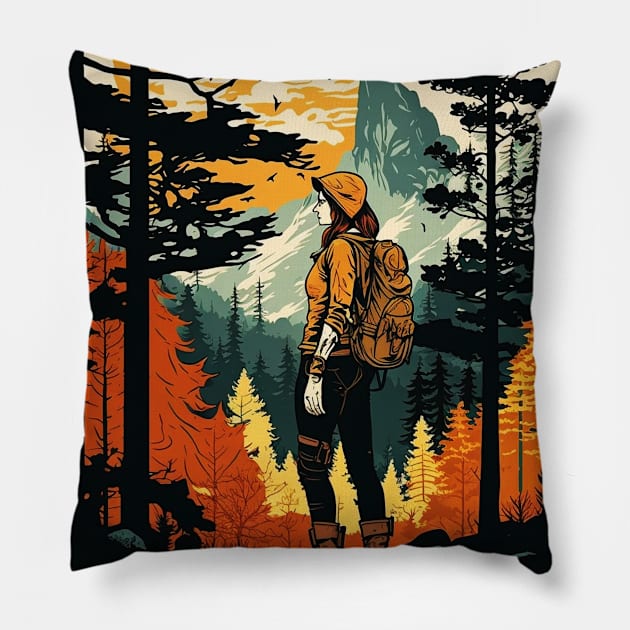 Woman Hiking in Forest Design, Adventure Mountain Pillow by dukito