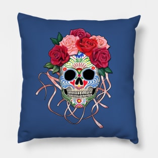 Mexican Roses Skull with Pink Ribbons Pillow