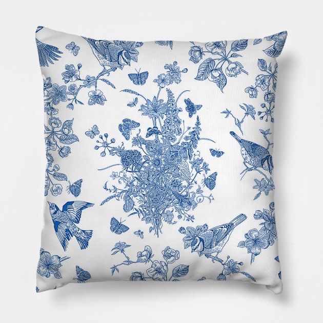 Vintage Roses Garden (Blue Toile de Jouy) Pillow by PrivateVices